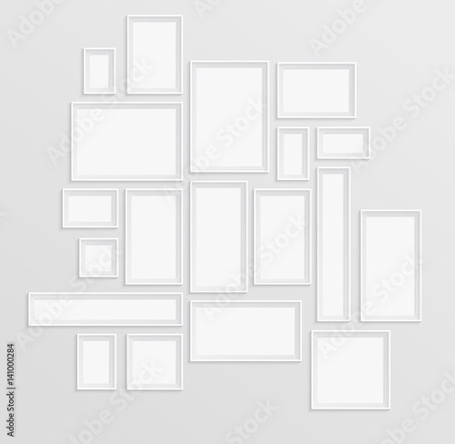 Different white frames set on the wall with shadow effect in modern composition. Vector templates or mockup for your photo or art gallery