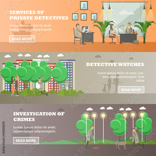 Vector set of detective horizontal banners in flat style