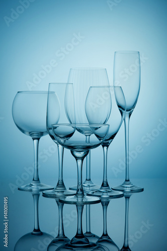 Set of empty glasses for wine, water, champagne and cocktails