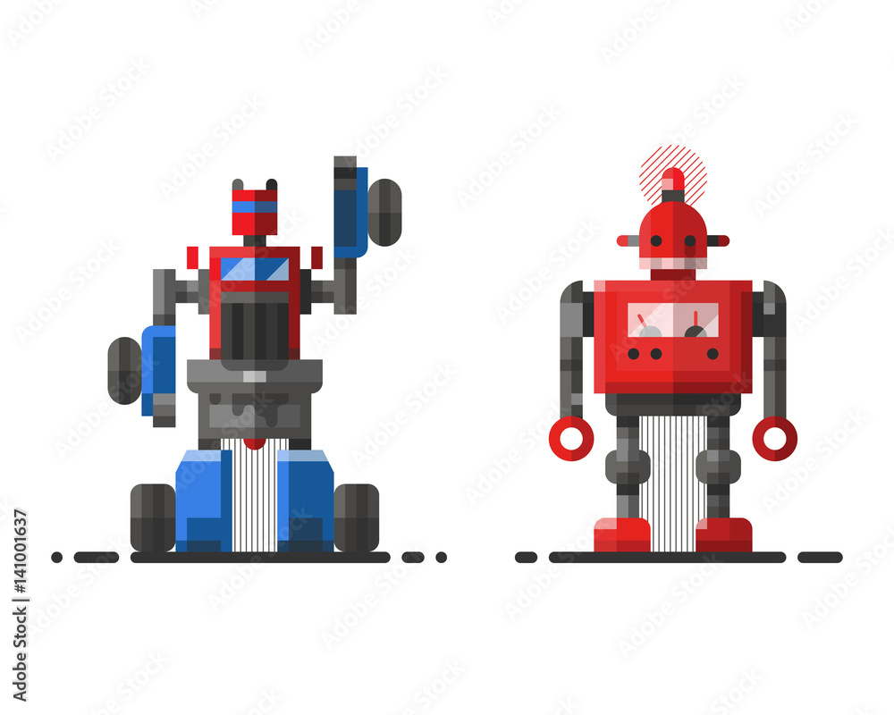 Fototapeta premium Cute vintage robot technology machine future science toy and cyborg futuristic design robotic element icon character vector illustration.