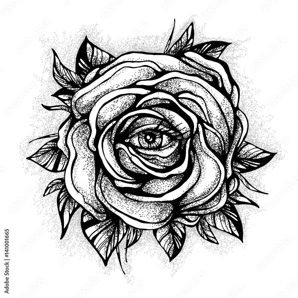 Blackwork tattoo flash. Rose flower. Highly detailed vector illustration isolated on white. Tattoo design, mystic symbol. New school dotwork. Boho design. Print, posters, t-shirts and textiles. Stock Vector