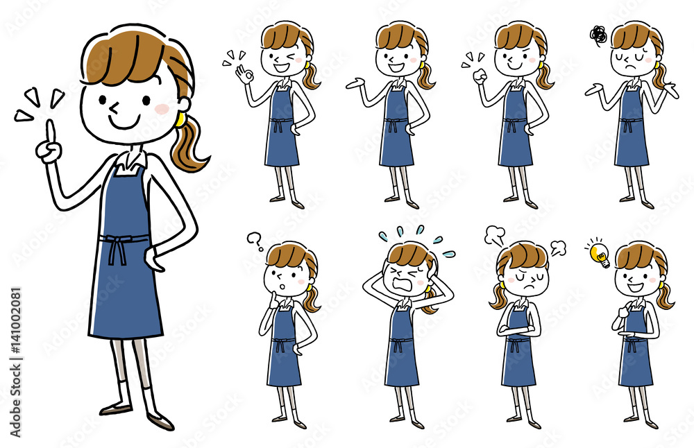 エプロン姿の女性：セット、バリエーション