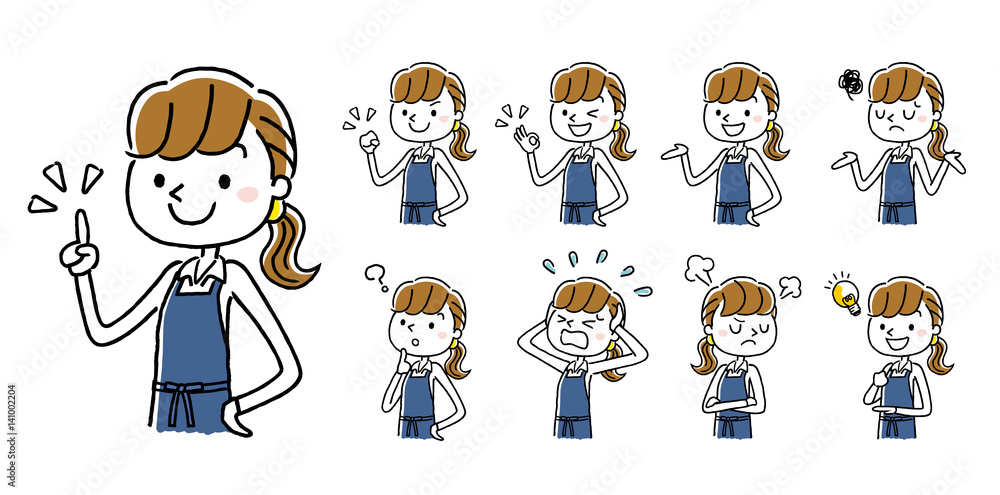 エプロン姿の女性：セット、バリエーション