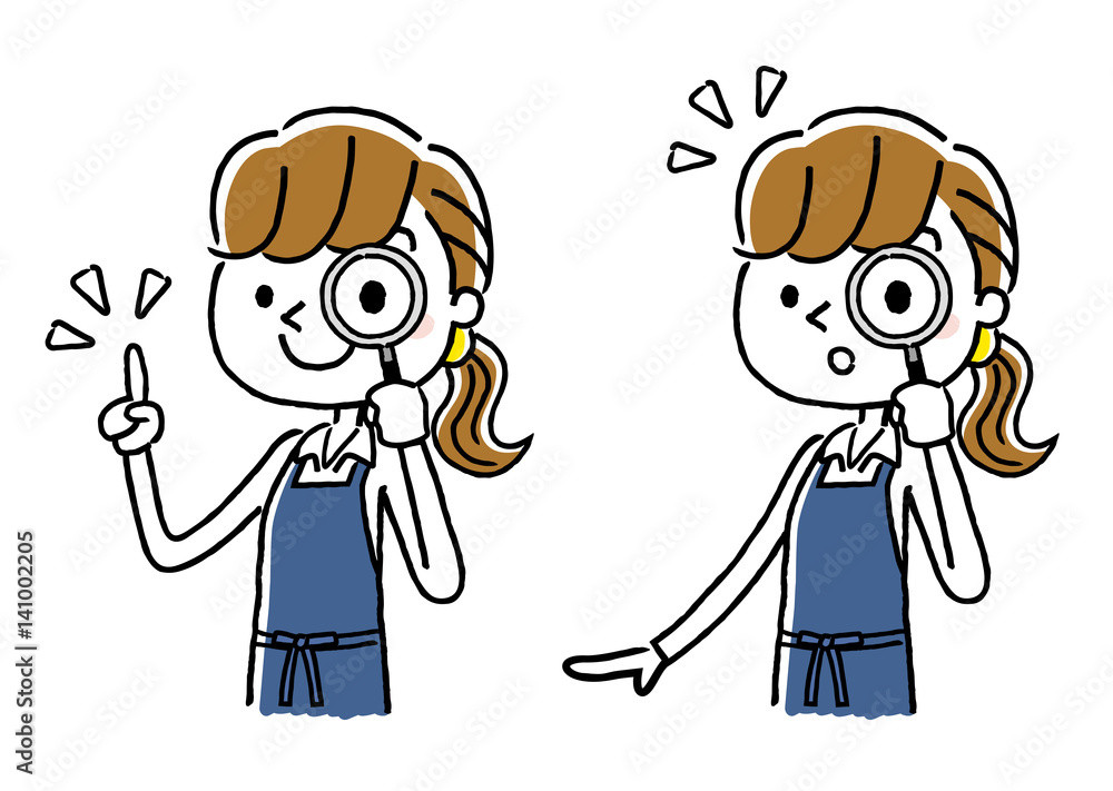 エプロン姿の女性：調べる、虫眼鏡
