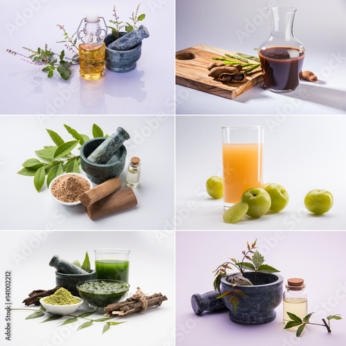 Collage of Indian Ayurvedic Tulsi, Neem, Amla or aavla, Tamarind or imli and chandan or sandalwood products and oils photo