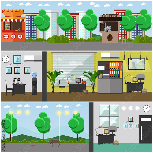 Vector set of detective office interior posters in flat style