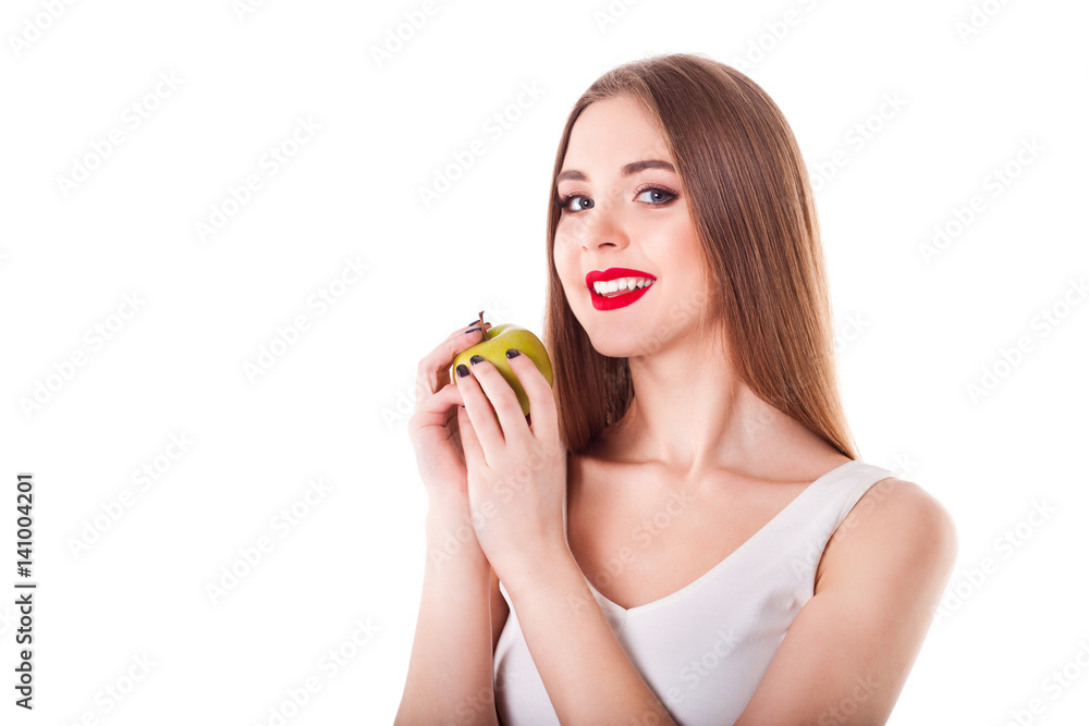 Beautiful model girl holding green apple
, on white background isolate, diet and healthy lifestyle Beautiful model girl holding green apple
, on white background isolate, diet and healthy lifestyle