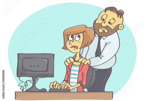 Cartoon illustration of manager or worker harassing female colleague at work