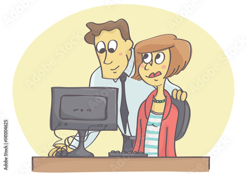Manager or coworker helping woman on computer in the office flirting at job