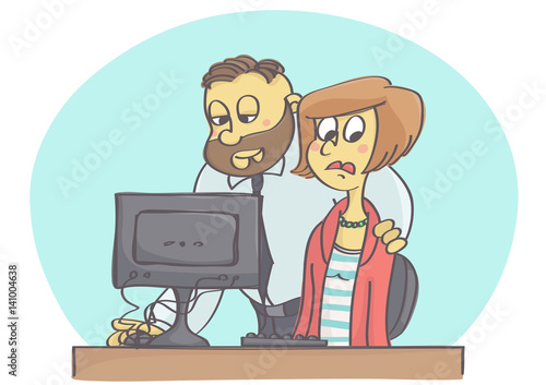 Cartoon illustration of boss or coworker harassing woman at work pretending to help