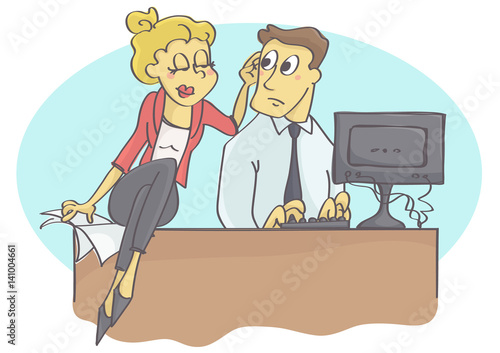 Woman manager or coworker harassing man at work by touching