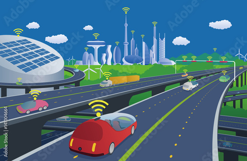 autonomous cars and wireless communication system, Internet of Things, smart city, smart transportation, futuristic automotive society