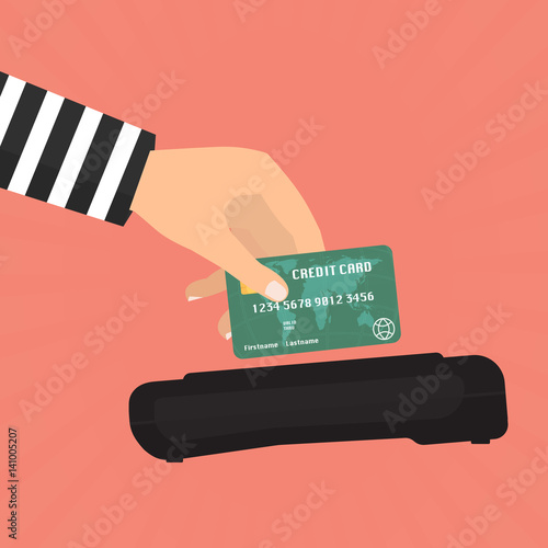 Hacker theft hand holding a credit card fraud for paying with credit card reader. Vector illustration business data privacy concept.
