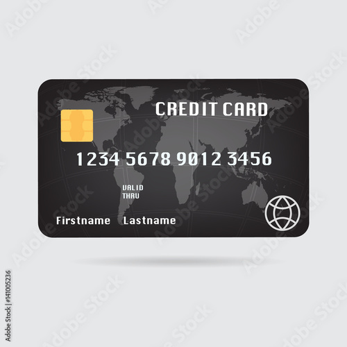 Vector illustration design world map black credit card with shadow.