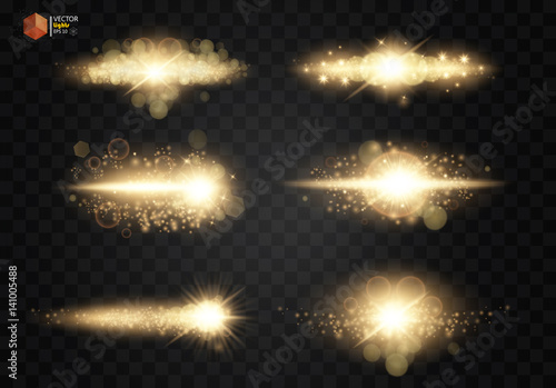 Shining star, the sun particles and sparks with a highlight effect, golden bokeh lights glitter and sequins. On a dark background transparent. Vector, EPS10