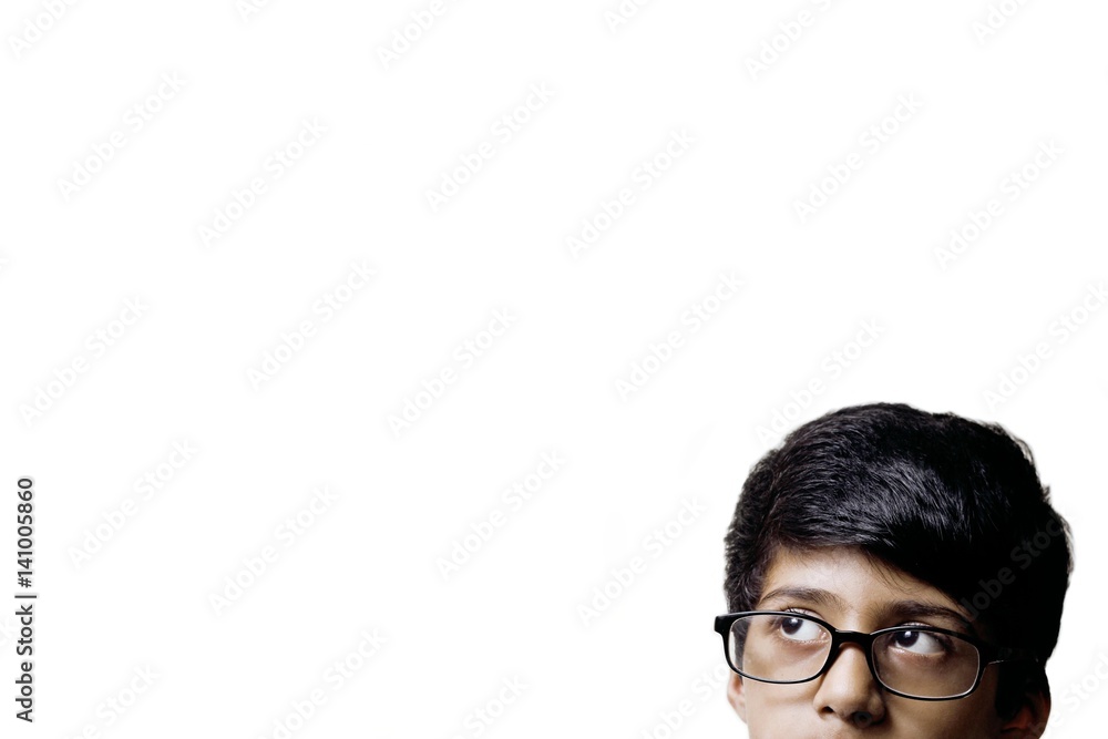 Thinking Half Head Of Genius Little Boy Wearing Glasses Thinking Half Head Of Genius Little Boy Wearing Glasses