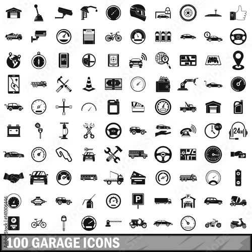 100 garage icons set, simple style 