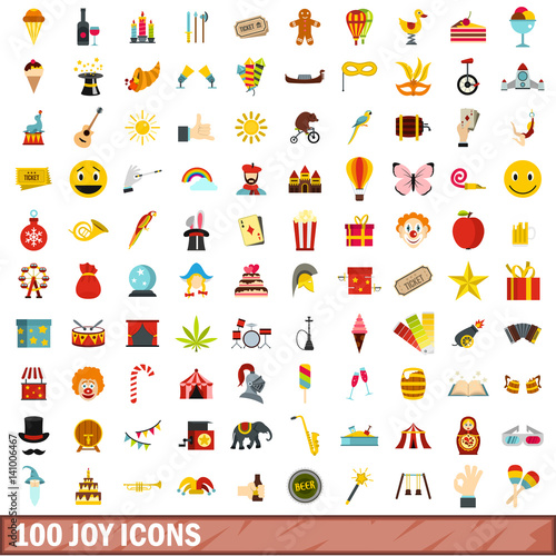 100 joy icons set, flat style