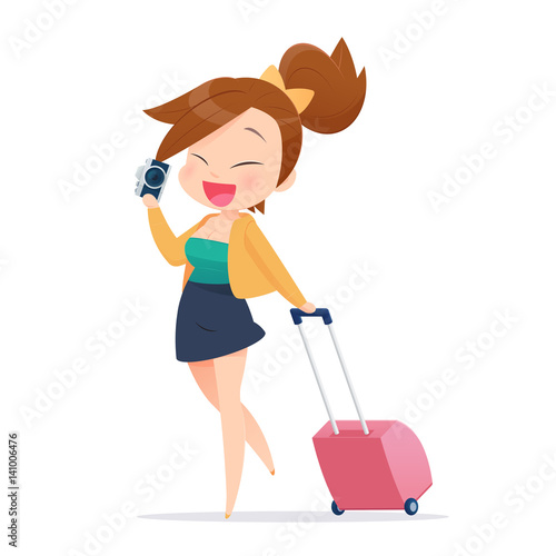 Woman tourist walking with suitcase on white background