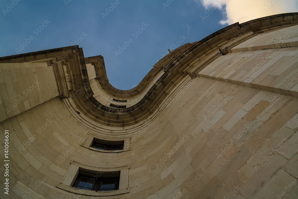 Fototapeta premium Look up view along the wall National Pantheon at sunset in Lisbon, Poetugal