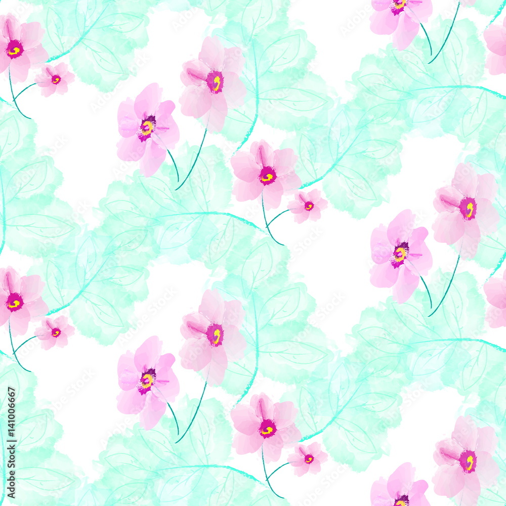 декоративный бесшовный  узор розовые цветы листья 