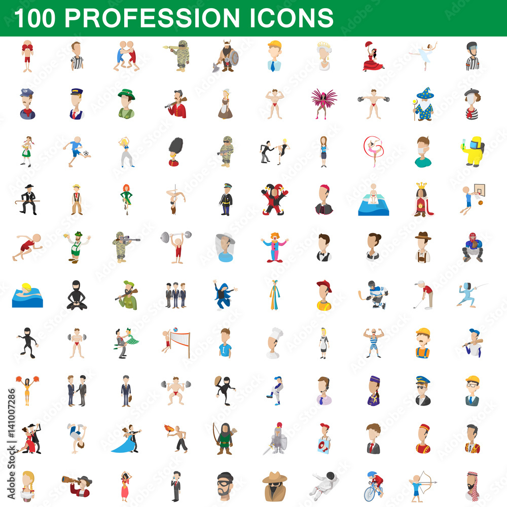 100 profession icons set, cartoon style