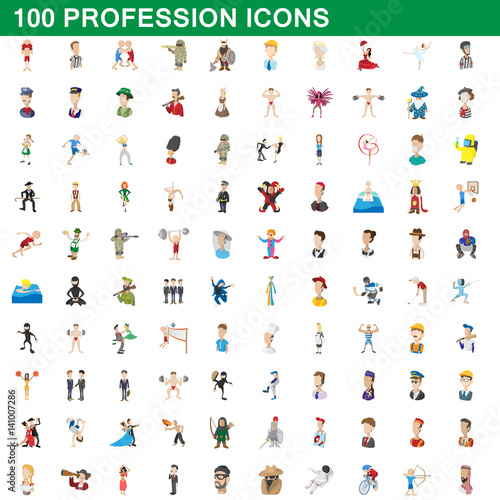 100 profession icons set, cartoon style © juliars