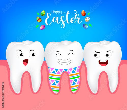  Funny cute cartoon tooth painted. Happy Easter Day concept. Illustration isolated on blue background.