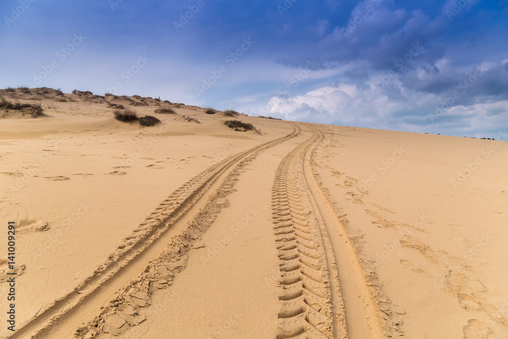 Tire tracks on the sand