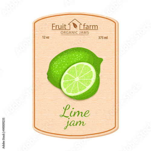 Vector lime jam lable. Composition of tropical green lemon fruits. Design of a sticker for a jar with lime jam, fruit marmalade, juice, smoothies. Sticker in a retro style with texture for your design