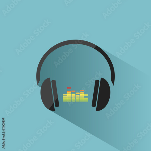 Color headphones with music icon on blue background and shadow