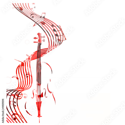 Colorful stave with music notes and violoncello isolated vector illustration. Music staff background for poster, brochure, banner, flyer, concert, music festival