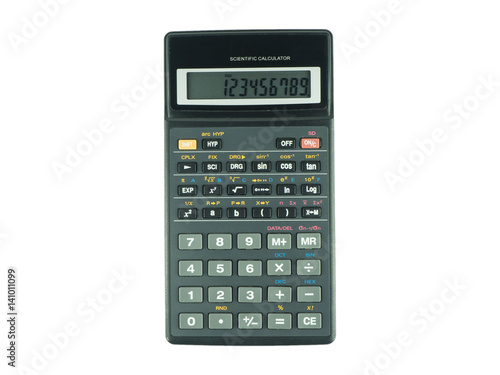 Switched on scientific calculator on white isolated background