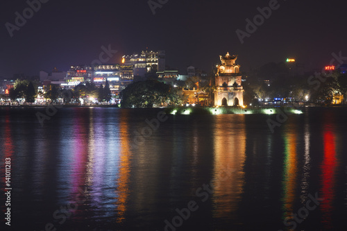 Turtle Tower at night on Hoan Kiem Lake. Vietnam.