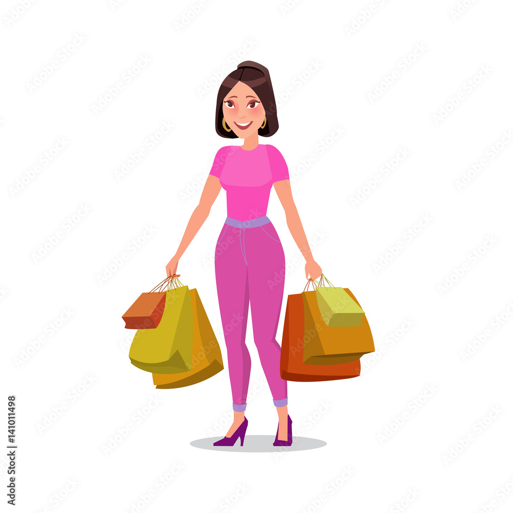 Happy shopping girl or woman with bags. Big Sale.