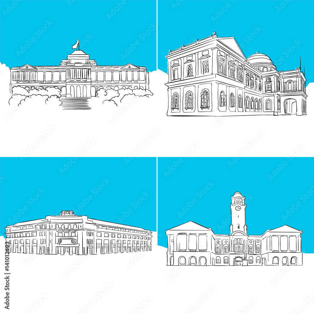 Behang Singapore Public Landmark Vector Sketches