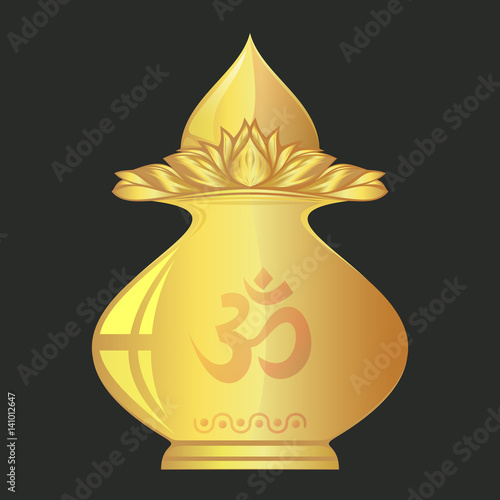 Kalasha also kalash or kalasa. Metal pot used in Hindu rites, festival and depicted in Hindu iconography. Gold Pooja Kalash with gold coconut. Vector illustration photo