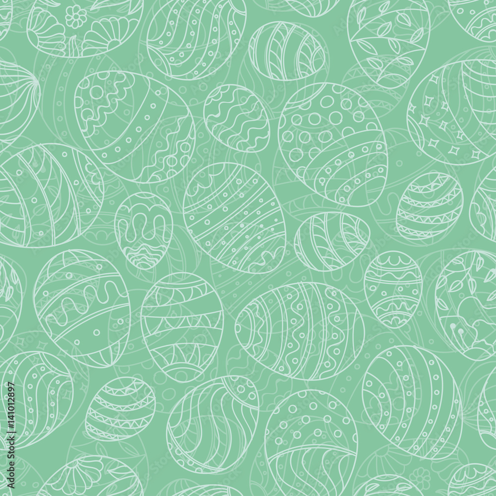 Easter seamless pattern. Hand drawn festive eggs vector texture on solid mint green background. Easter seamless pattern. Hand drawn festive eggs vector texture on solid mint green background.