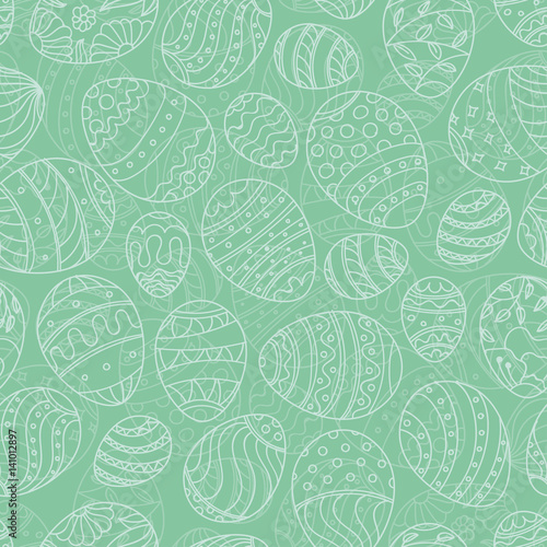 Easter seamless pattern. Hand drawn festive eggs vector texture on solid mint green background.
