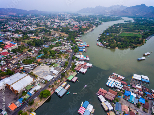 Aerial view of floating house on mount of river