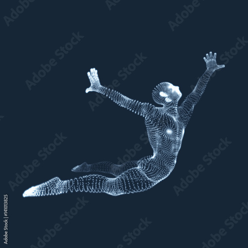 Jumping Man. Vector Graphics Composed of Particles. 3D Model of Man.