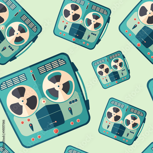 Vintage portable stereo tape recorder flat icon seamless pattern.