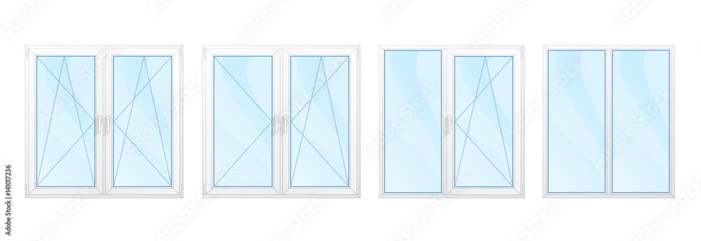 Windows with white frames and blue glass set isolated vector illustration. Windows with white frames and blue glass set isolated vector illustration.