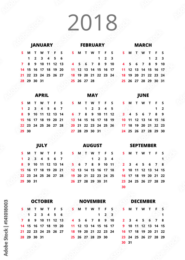 2018 year Calendar. Vertical book orientation vector template of pocket calendar grid. Black and white mock up calendar. Week Starts Sunday. Vector illustration. EPS 10 2018 year Calendar. Vertical book orientation vector template of pocket calendar grid. Black and white mock up calendar. Week Starts Sunday. Vector illustration. EPS 10