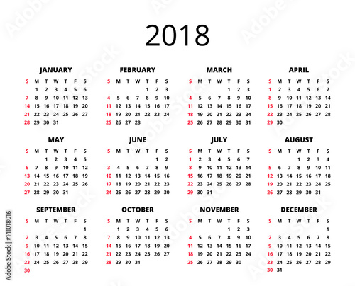 2018 year Calendar. Horizontal album orientation vector template of pocket calendar grid. Black and white mock up calendar. Week Starts Sunday. Vector illustration. EPS 10