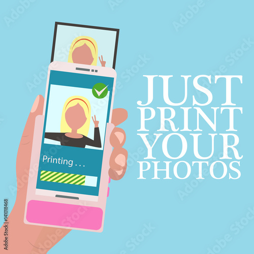 Hand holding mobile phone with portable printer for mobile phone in flat design style. Quick instant photo printing.