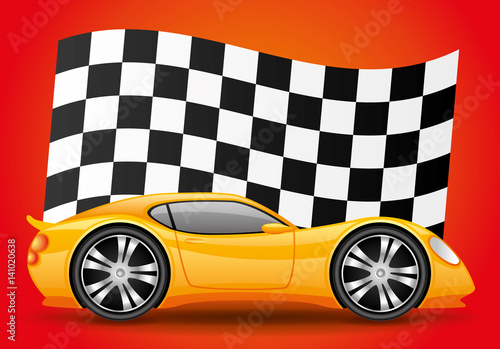 Yellow car and checkered flag.