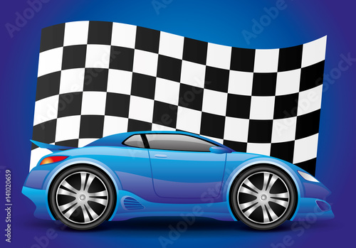 Blue car and checkered flag.