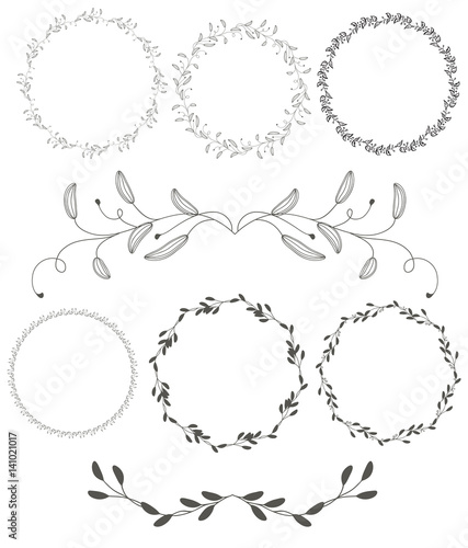 set of round flourish vintage decorative whorls frame leaves isolated on white background. Vector calligraphy illustration EPS10