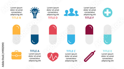 Vector healthcare infographic, medical diagram, hospital graph, medication presentation, emergency chart. Medicine doctor logo. Pharmacy pills concept with 6 options, parts, steps, processes.
